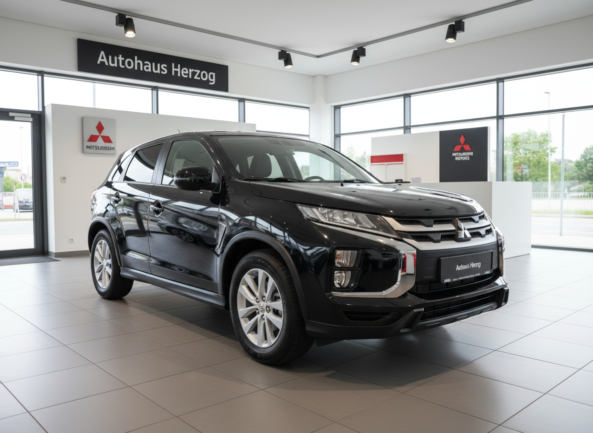 Schwarzer Mitsubishi ASX im Autohaus Herzog Showroom – kompakter SUV Frontansicht