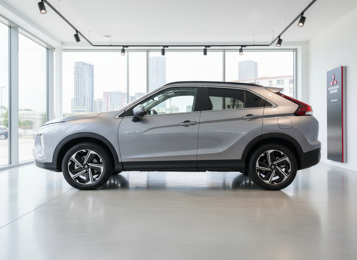 Mitsubishi Eclipse Cross PHEV in Silber – Seitenansicht im Autohaus-Showroom