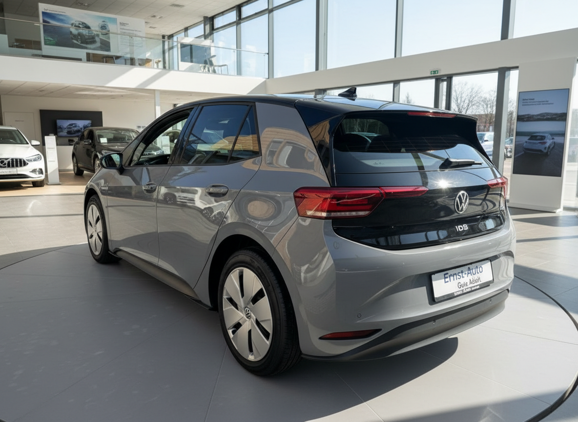 Volkswagen ID.3 in Grau, Heckansicht im Autohaus Ernst-Auto Showroom