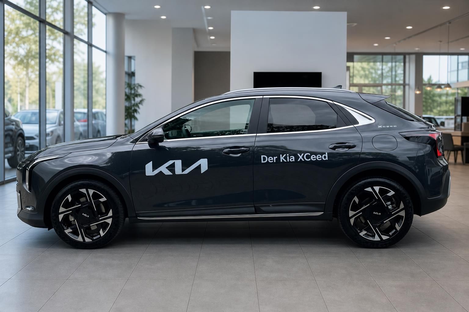 Kia XCeed schwarz Seitenansicht im Autohaus Showroom