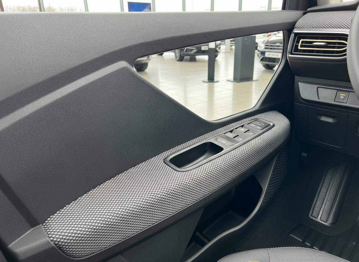 Fahrzeuginnenraum Fahrertür mit Fensterheber-Tasten und Türverkleidung im Autohaus