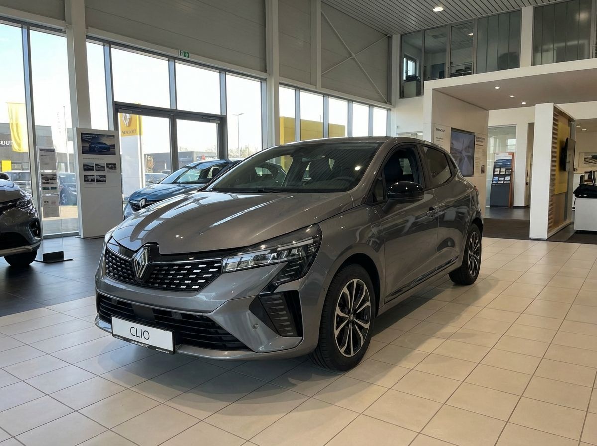 Renault Clio 5 in Grau im Autohaus Showroom – Frontansicht schräg