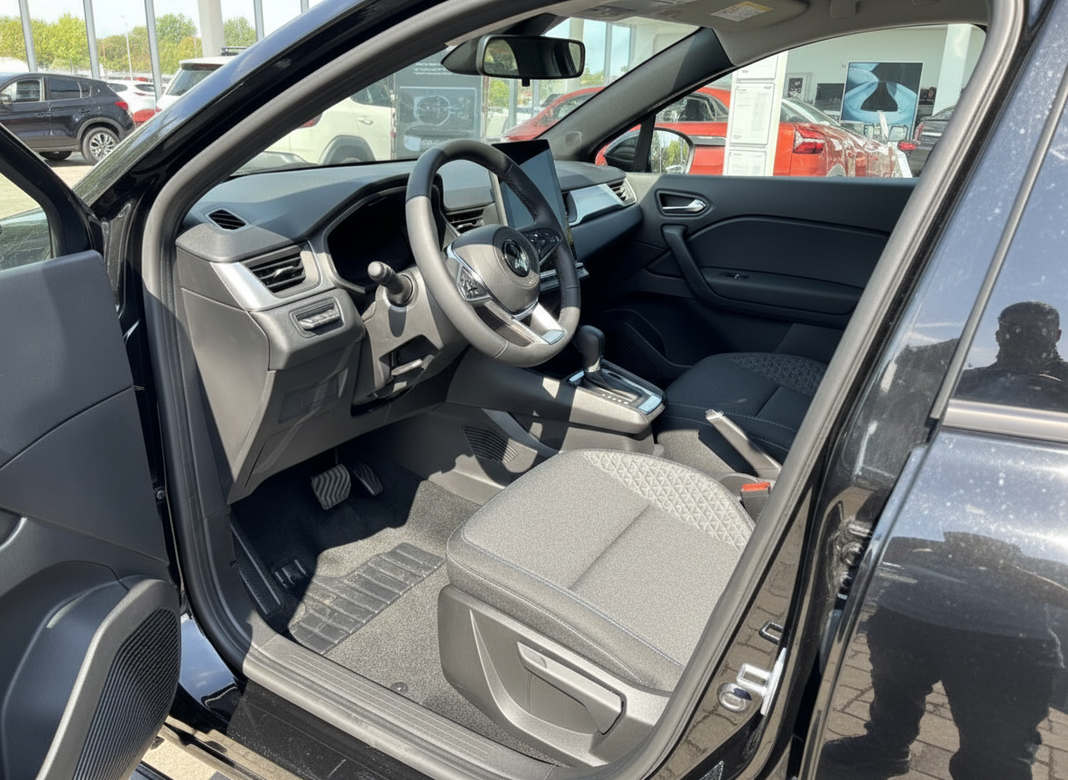 Fahrzeuginnenraum mit grau-schwarzen Ledersitzen, modernem Cockpit und digitalem Display