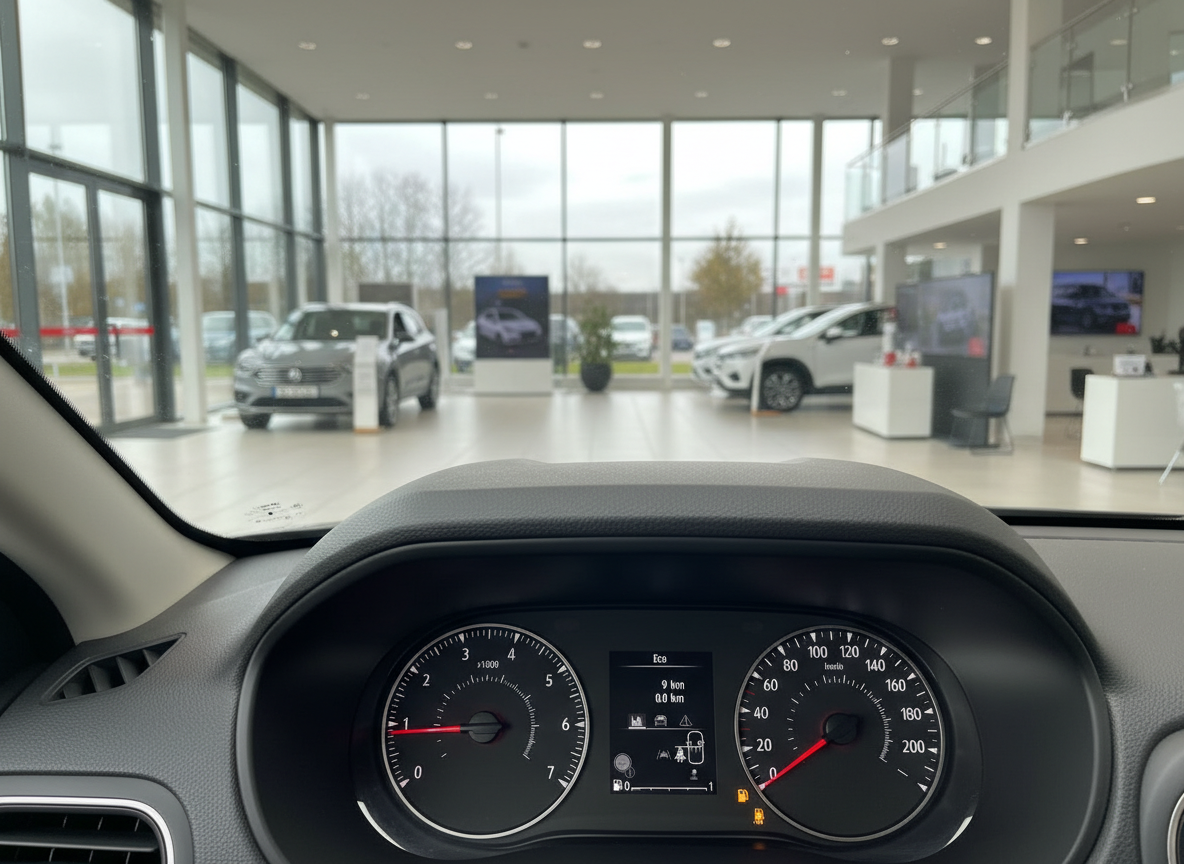 Cockpit-Ansicht mit Tacho und Drehzahlmesser in einem Renault Neuwagen im Autohaus-Showroom
