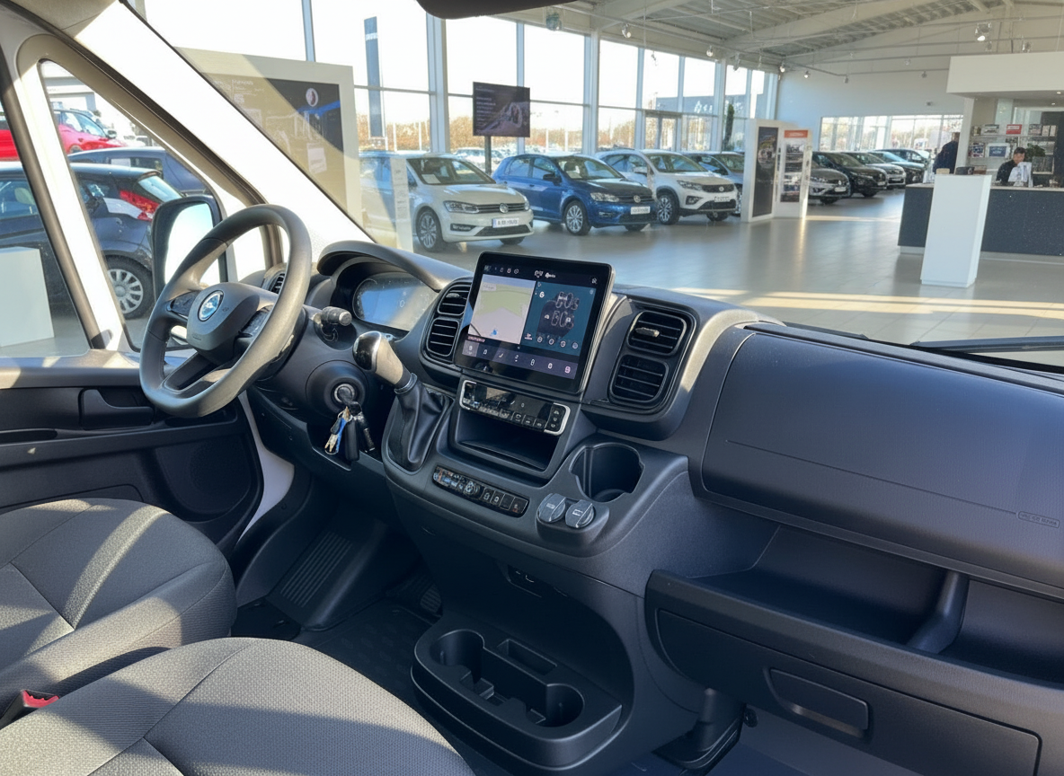 Innenraum eines Nutzfahrzeugs mit digitalem Touchscreen-Navi, Lenkrad und modernem Cockpit im Autohaus