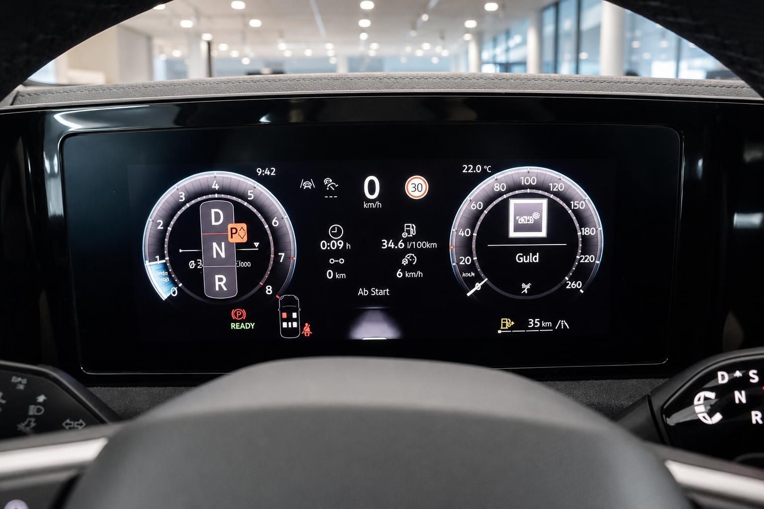 Digitales Kombiinstrument mit Tacho und Fahrzeuginfos im VW