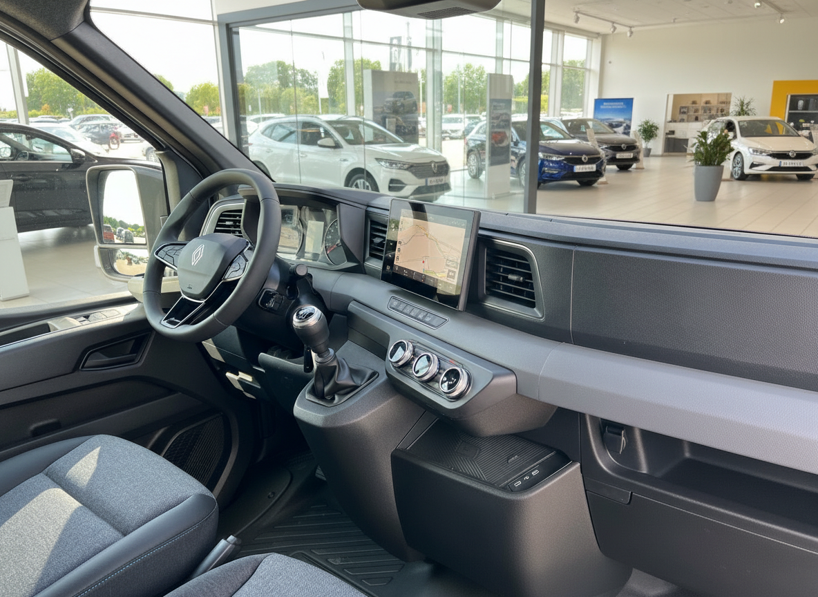 Renault Trafic Innenraum mit Cockpit, Lenkrad, Touchscreen-Navigation und Schaltgetriebe