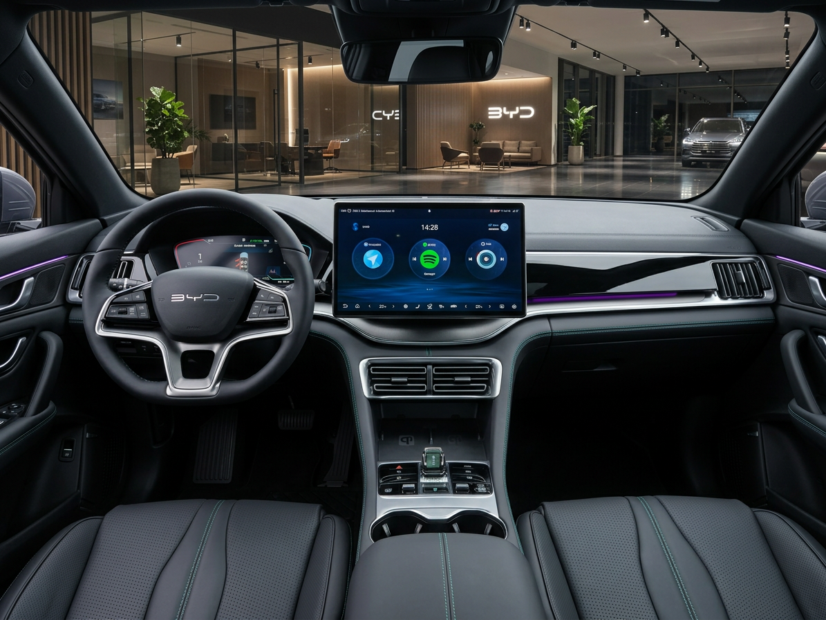 BYD Innenraum mit großem Touchscreen-Display, Ledersitze und digitalem Cockpit