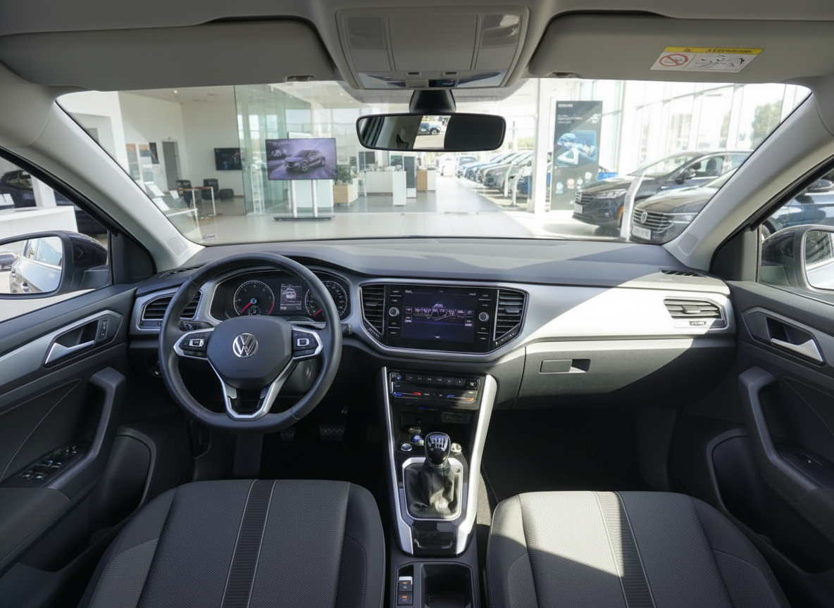 Volkswagen T-Roc Innenraum mit Cockpit, Touchscreen und Schaltgetriebe im VW-Autohaus
