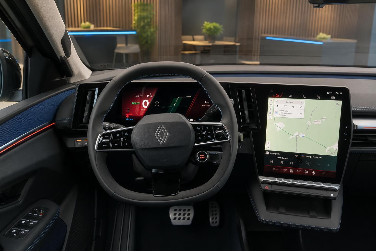 Cockpit mit Lenkrad, digitalem Display und Navigationssystem