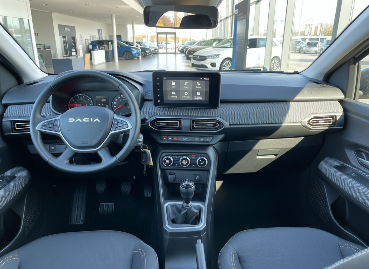 Dacia Innenraum Cockpit mit Touchscreen Infotainment, Lenkrad und Schaltgetriebe im Autohaus