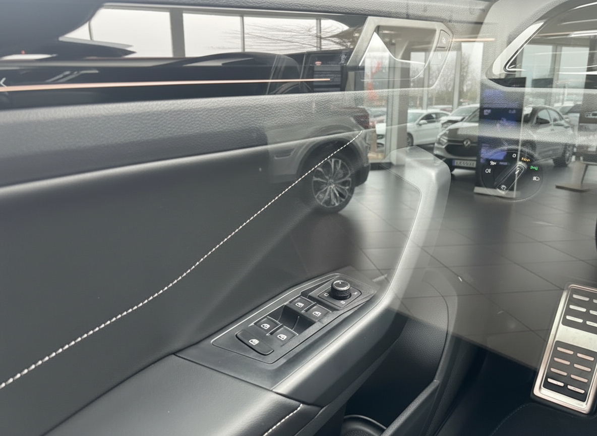 Audi Innenraum Fahrertür mit Fensterheber-Schaltern und Spiegelverstellung in schwarzem Leder