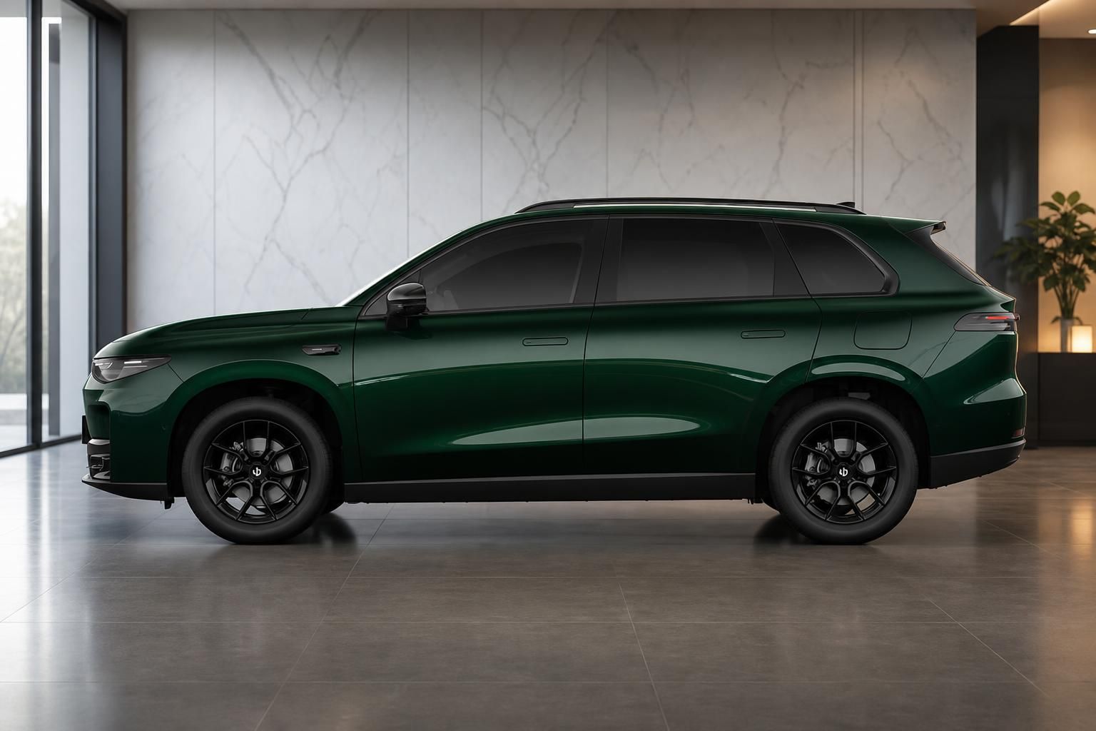 Leapmotor C10 in Gruen, Seitenansicht des SUV in elegantem Ausstellungsraum
