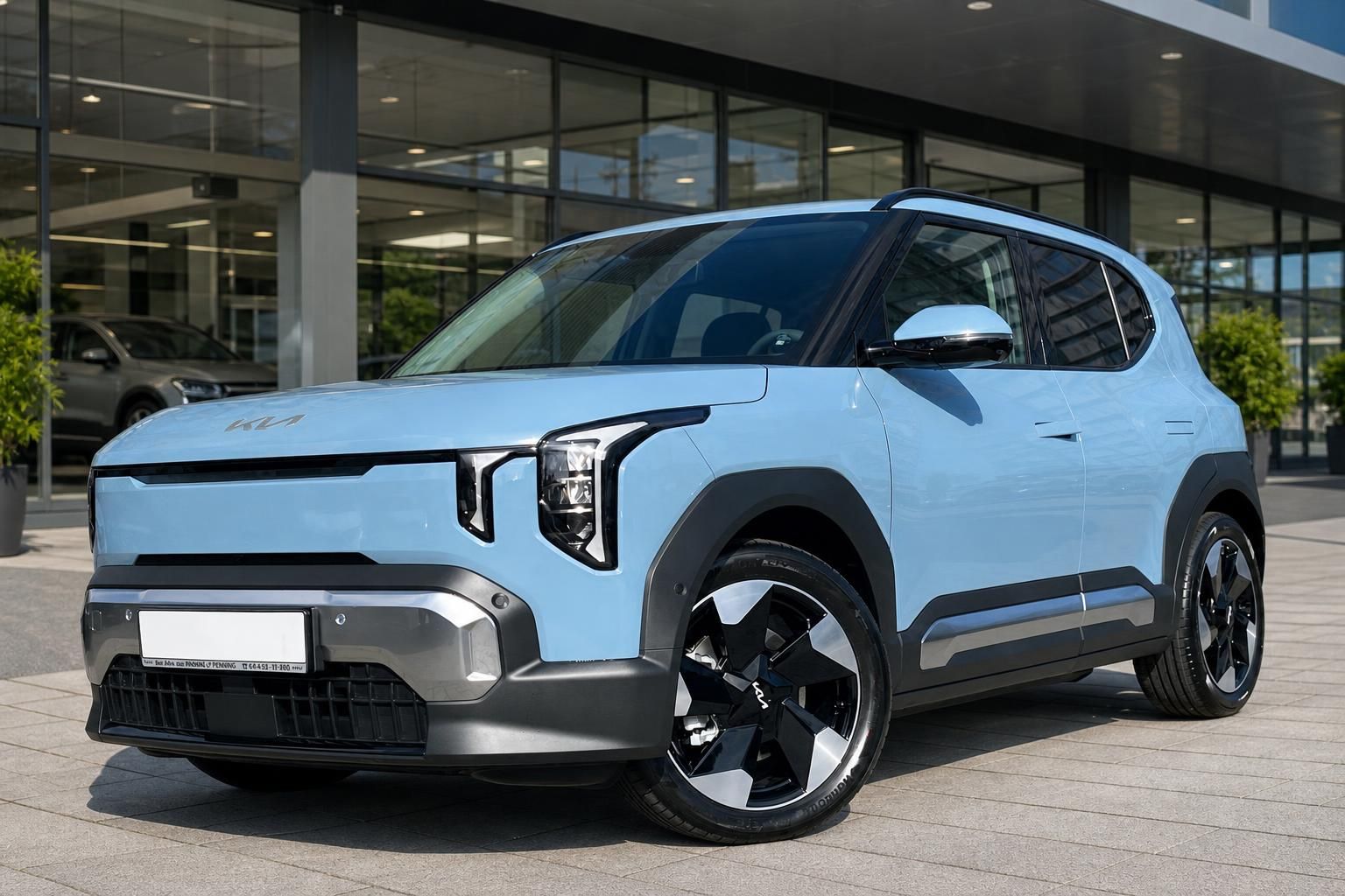 Kia EV3 in Hellblau, Frontansicht vor moderner Autohausfassade
