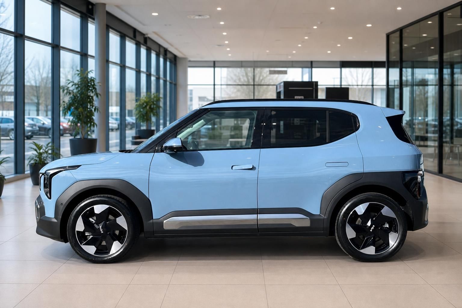 Kia EV3 in Hellblau, Seitenansicht im Autohaus-Showroom