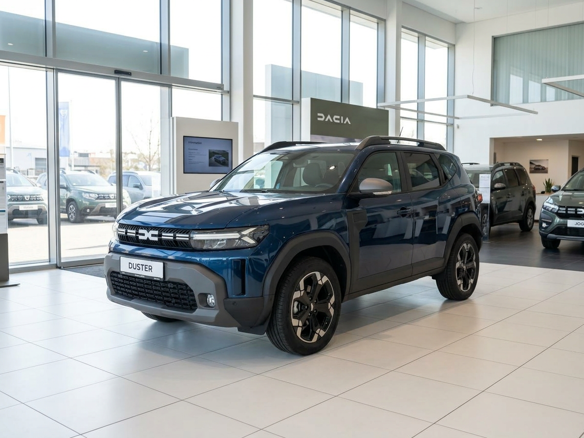 Dacia Duster SUV in Dunkelblau im Autohaus Showroom – Frontansicht schräg