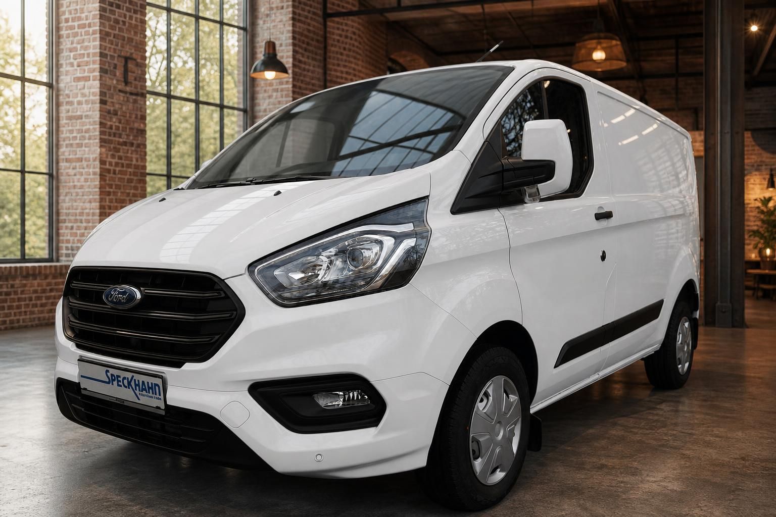 Ford Transit Custom Kastenwagen weiss Frontansicht schraeg links in Industriehalle
