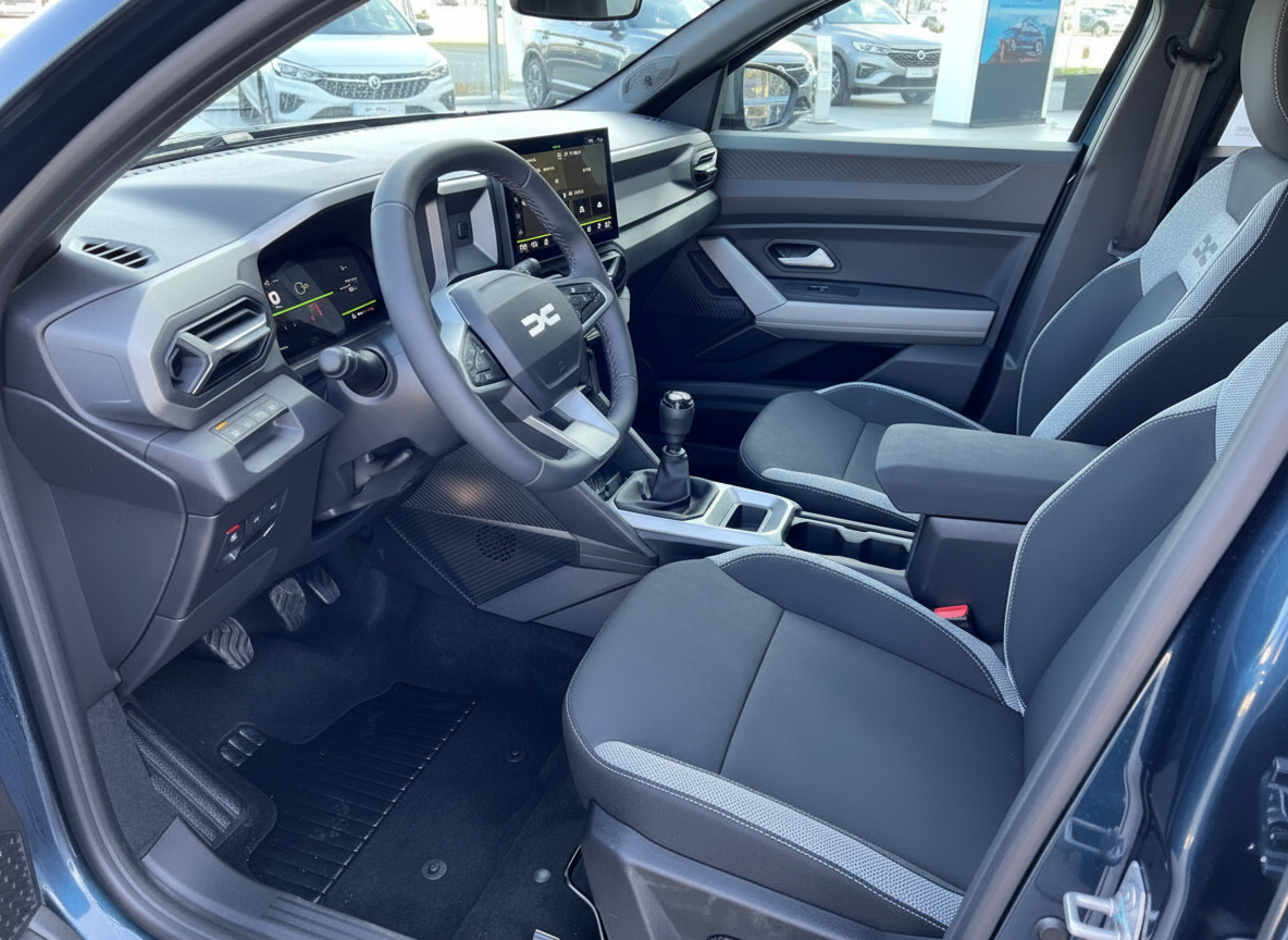 Dacia Duster Innenraum mit Lenkrad, Digitalcockpit und Schaltgetriebe in Grau-Schwarz