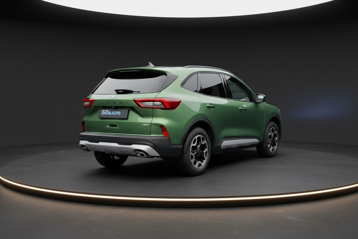 Grüner Ford Kuga SUV Heckansicht im Showroom – Neuwagen bei Engelauto