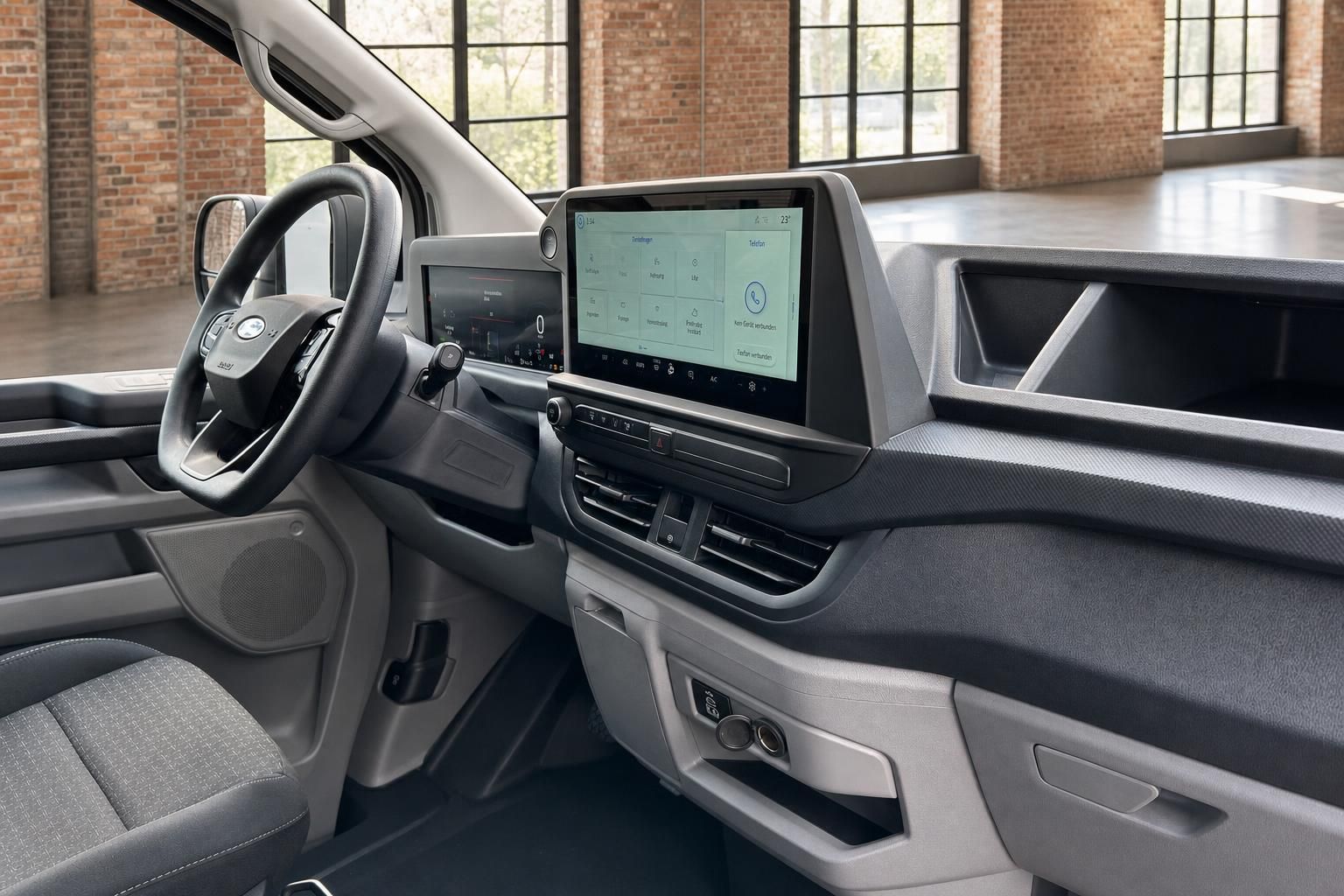 Ford Transit Innenraum Armaturenbrett mit Touchscreen-Infotainment und Lenkrad