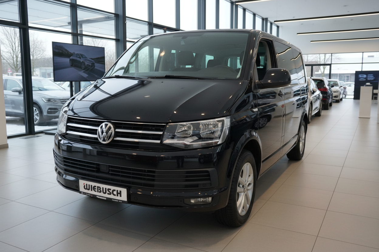 Schwarzer VW Transporter T6 im Autohaus Wiebusch – Frontansicht im Showroom