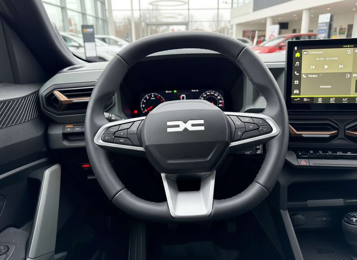 Dacia Innenraum mit Lenkrad und digitalem Cockpit – modernes Fahrzeuginterieur
