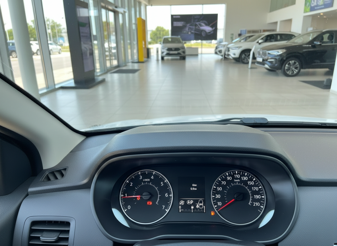 Fahrzeug-Innenraum mit Armaturenbrett und Tacho in einem Autohaus