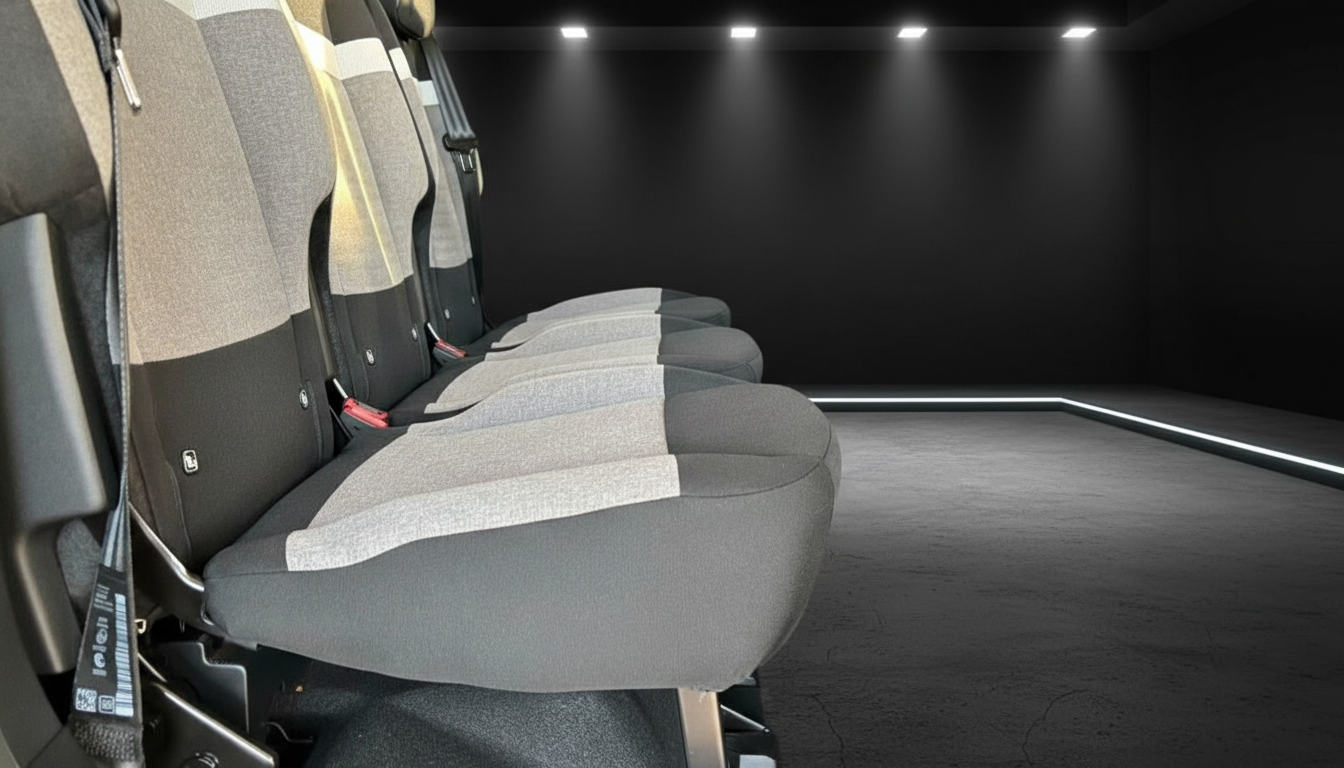 Fahrzeug-Innenraum mit grau-beigen Sitzen und Sicherheitsgurten in modernem Van