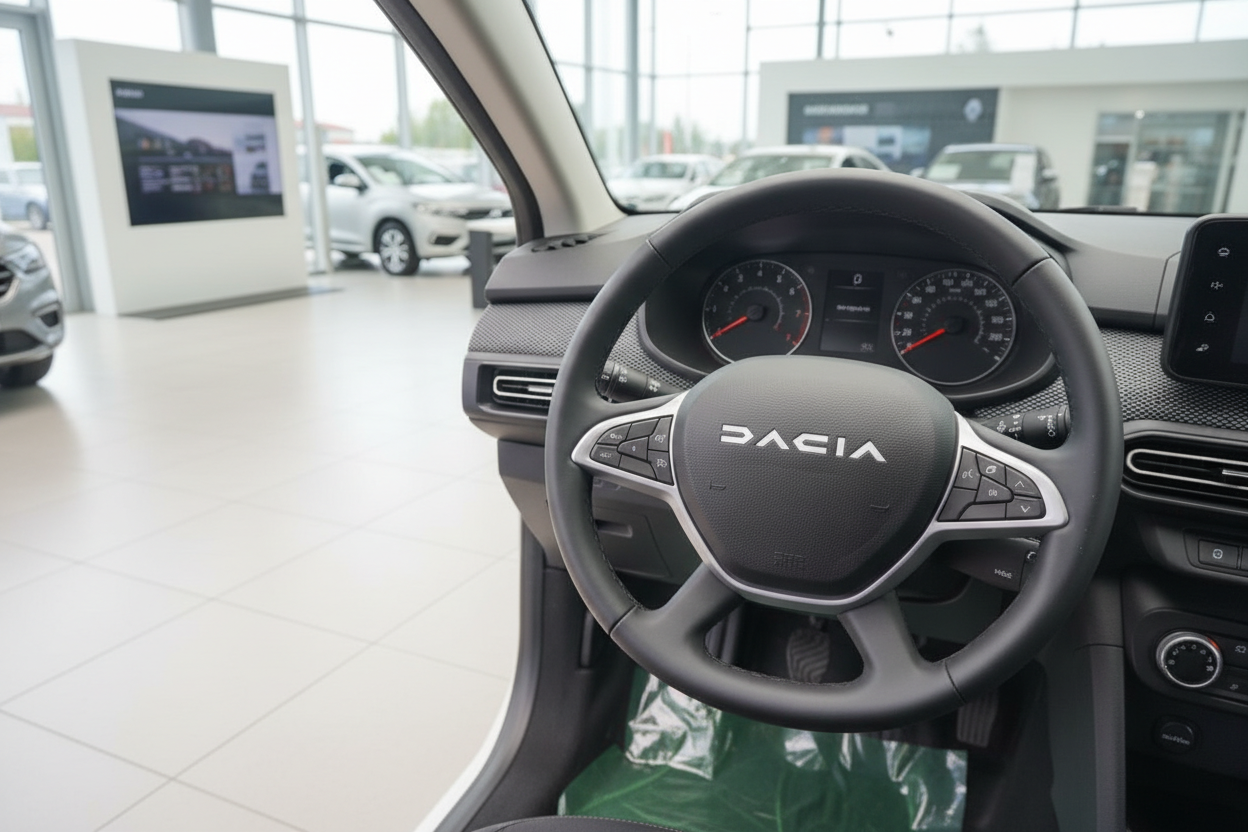 Dacia Innenraum mit Lenkrad und Instrumententafel im Autohaus