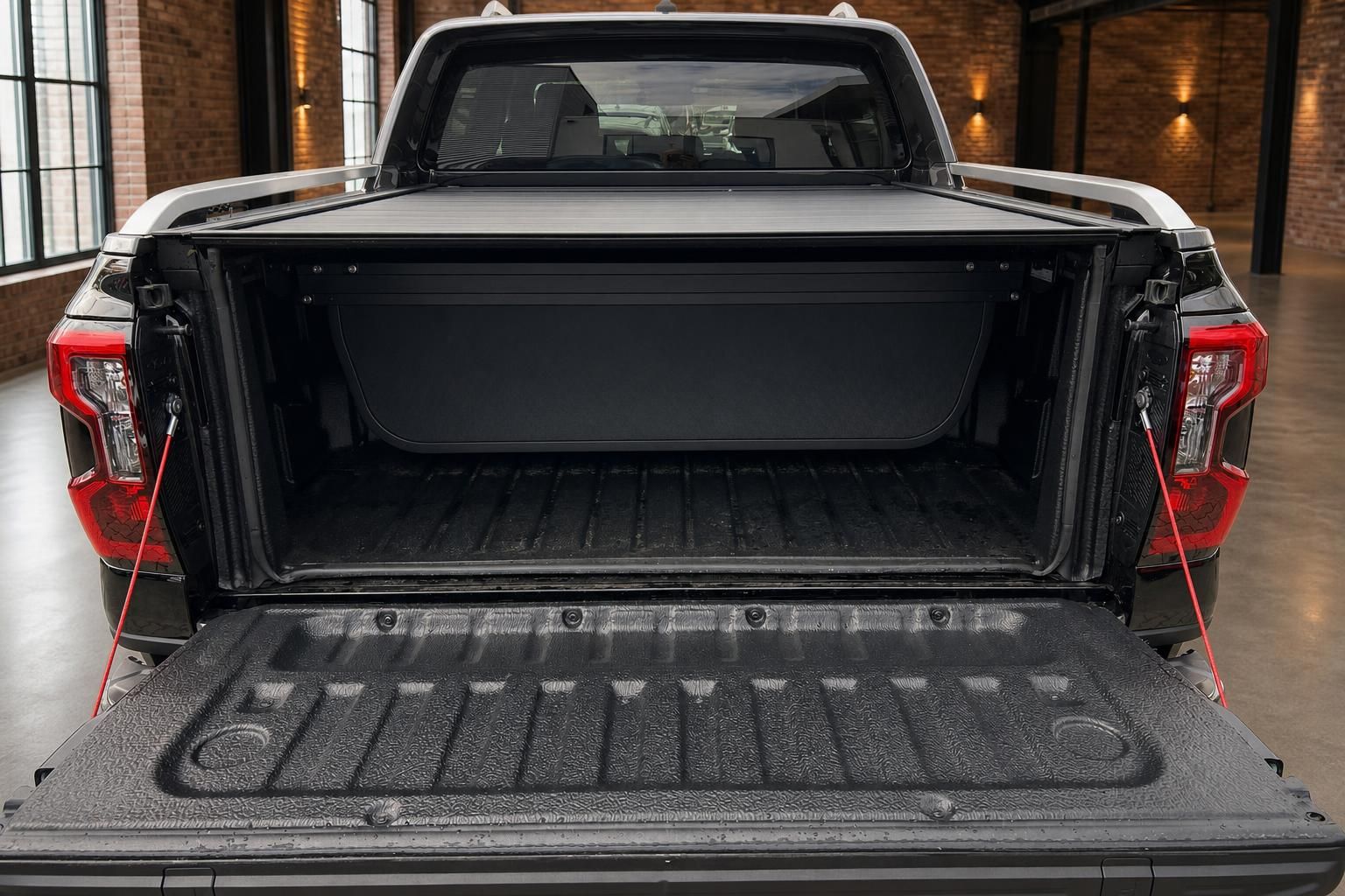 Ford Ranger Wildtrak – offene Ladefläche mit Laderaumauskleidung und Rollcover von hinten