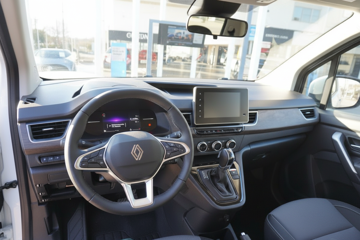 Renault Innenraum mit Lenkrad, digitalem Cockpit und Touchscreen-Infotainmentsystem