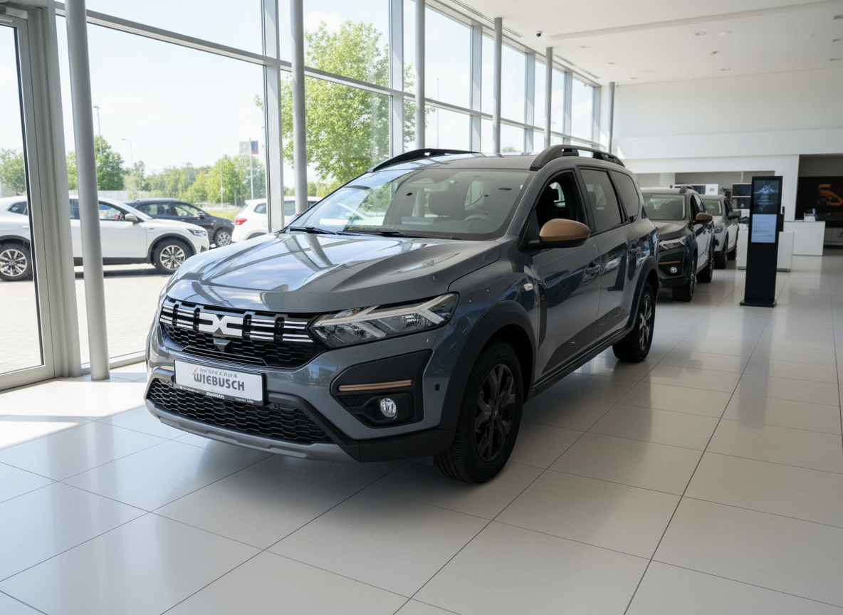 Dacia Jogger in Grau im Autohaus Wiebusch Showroom, SUV mit Dachreeling und Kupfer-Akzenten