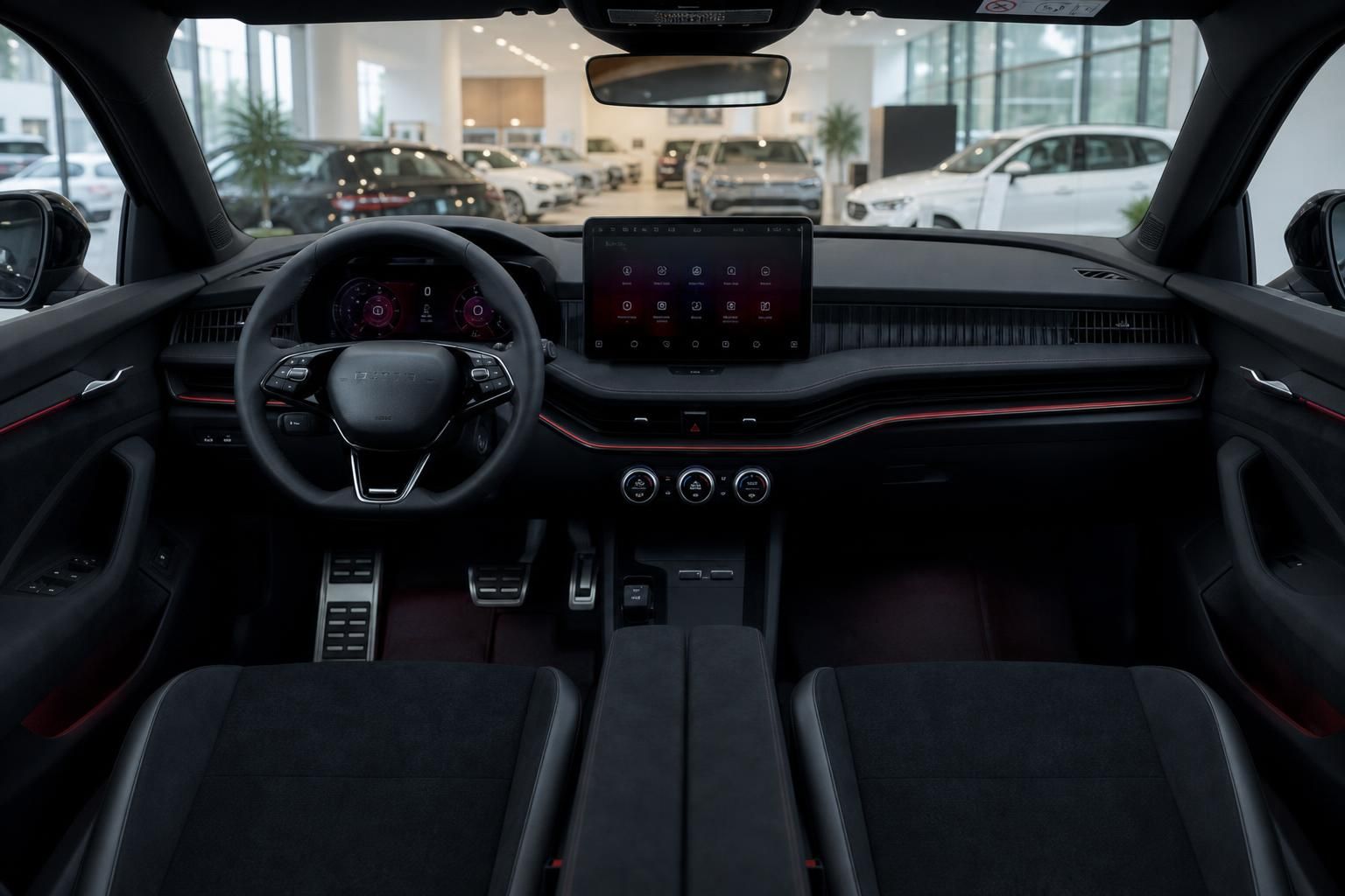 Cockpit und Innenraum mit Lenkrad und Display im Neuwagen
