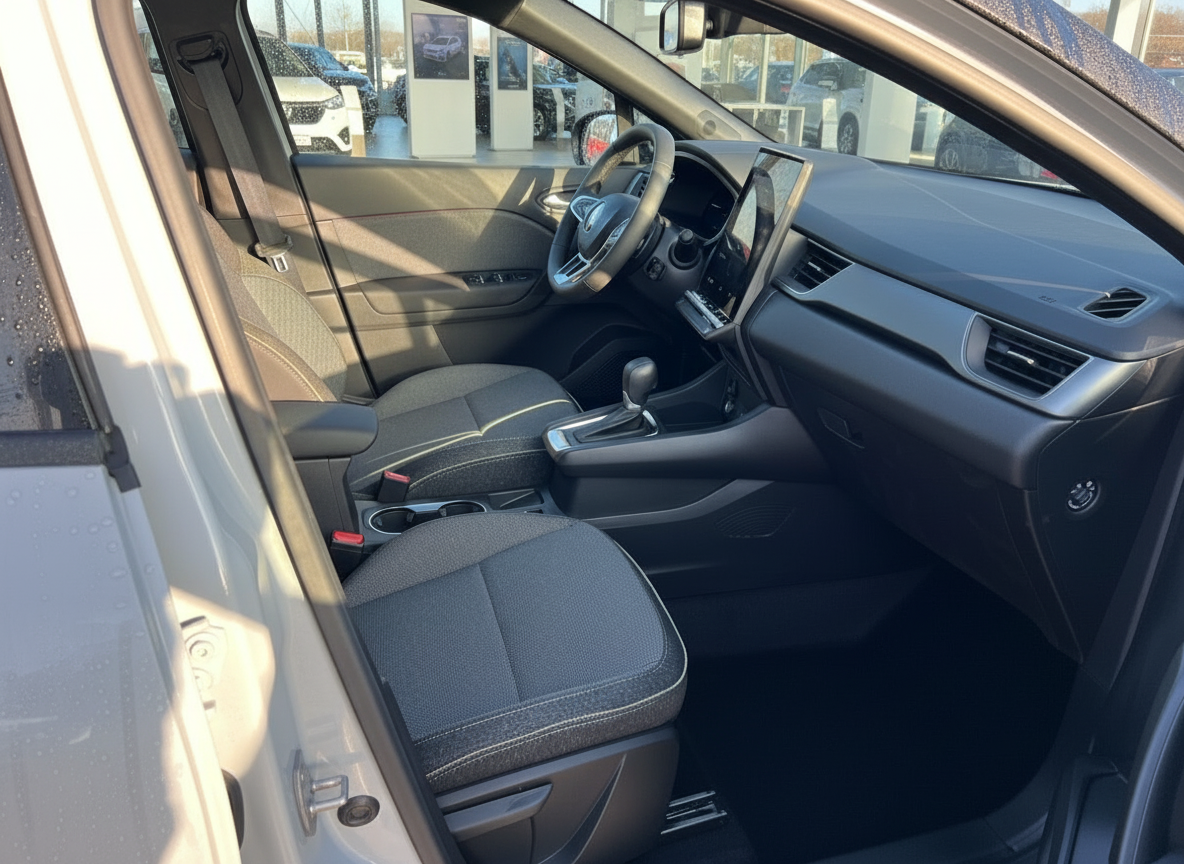 Fahrzeug Innenraum mit schwarzen Stoffsitzen, Automatikgetriebe und großem Touchscreen-Display