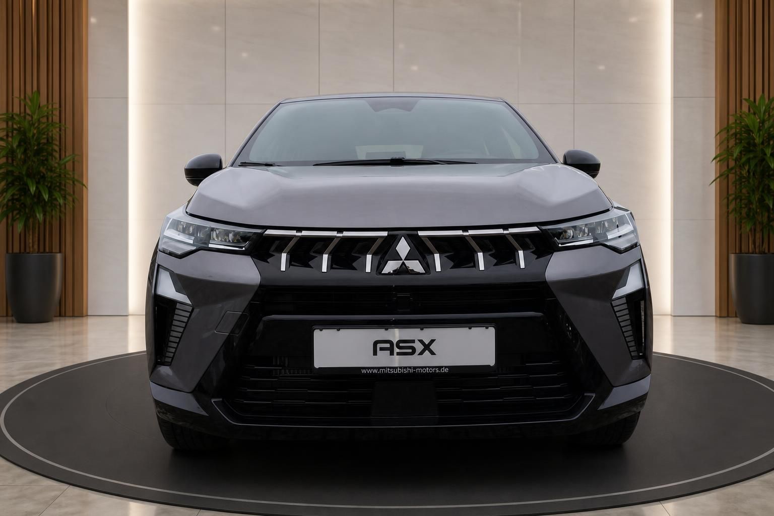 Mitsubishi ASX Frontansicht in grau in moderner Fahrzeugausstellung