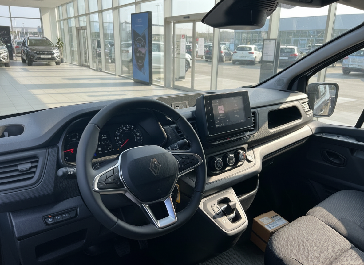 Renault Master Innenraum mit Lenkrad, Touchscreen-Infotainment und Schaltung im Autohaus