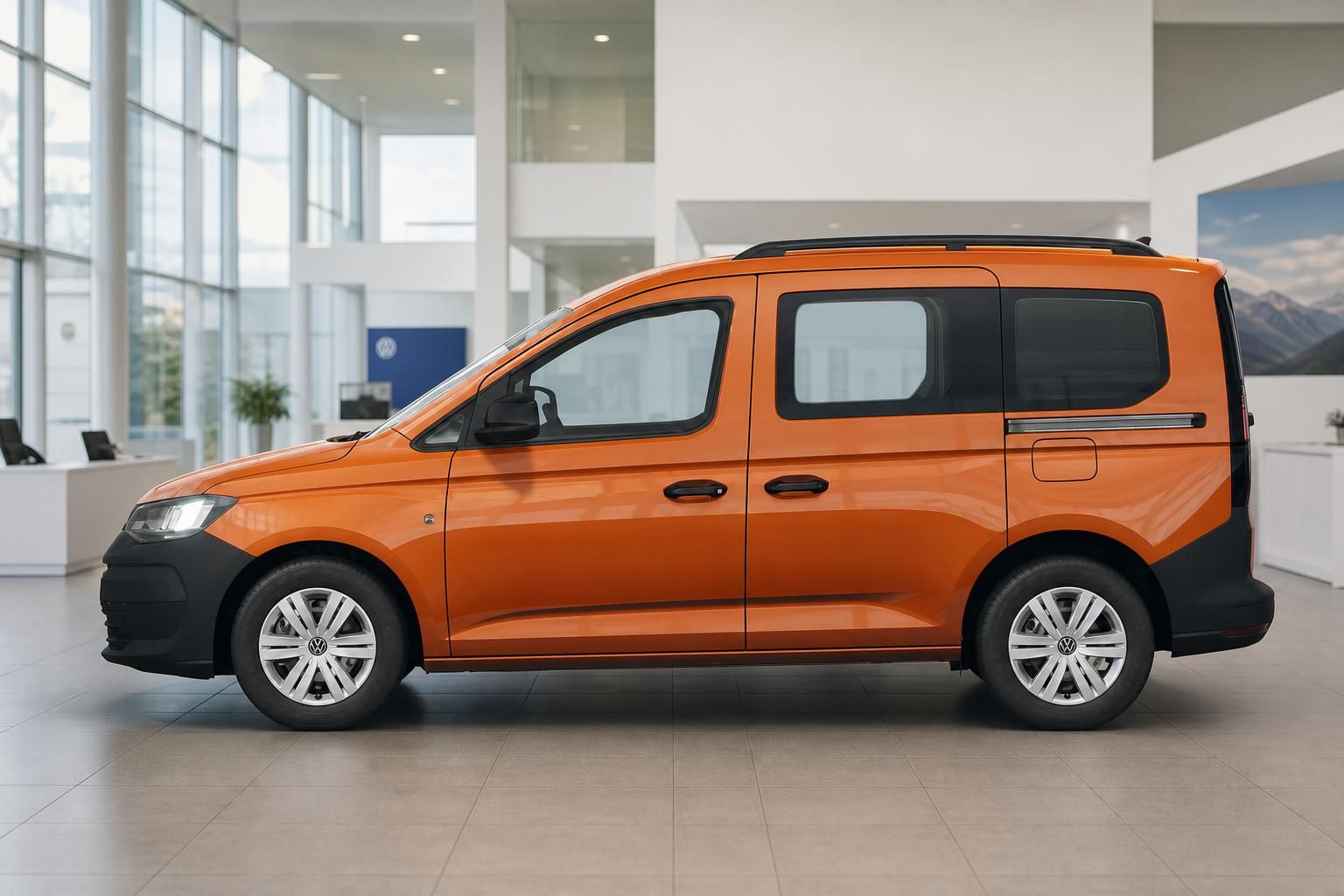 VW Caddy in Orange Seitenansicht im Autohaus Showroom