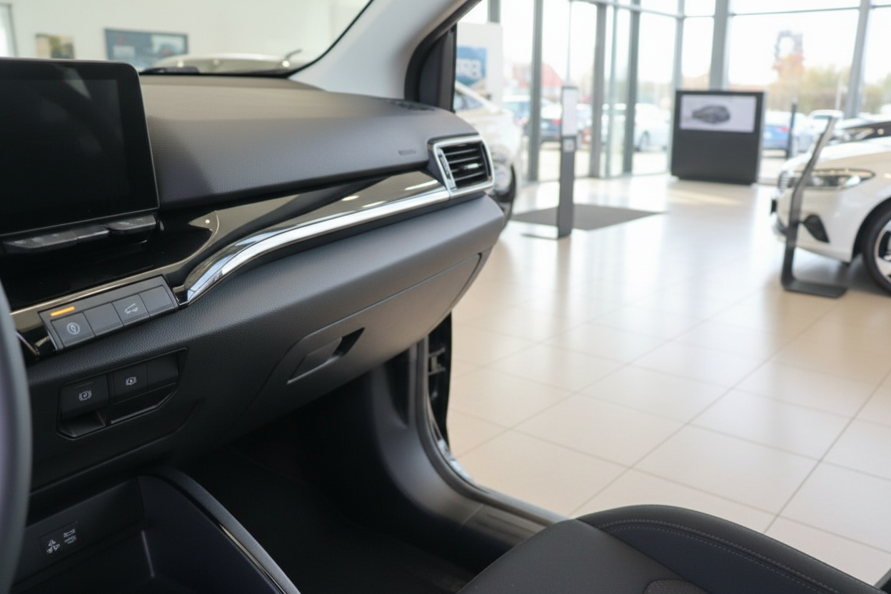 Fahrzeug-Innenraum mit Armaturenbrett, Touchscreen und Chromdekor im Autohaus