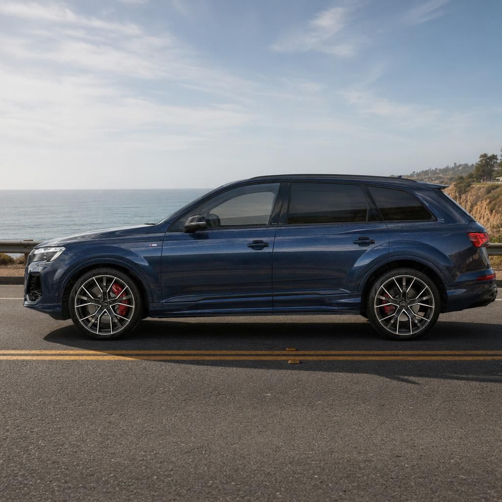 Blauer Audi SUV Seitenansicht vor Meerkulisse mit Sportfelgen und eleganter Linienführung