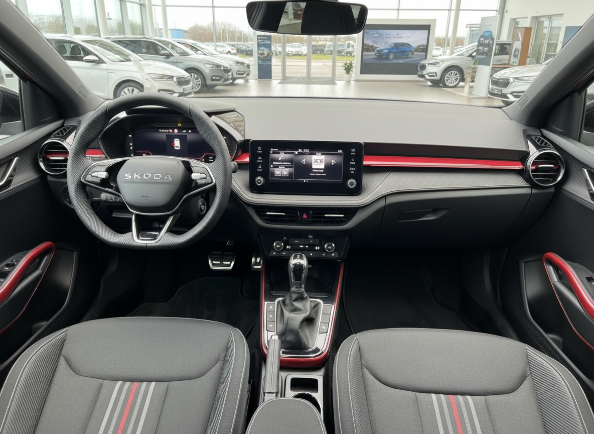 Škoda Innenraum mit Sportlenkrad, digitalem Cockpit und rotem Ambiente-Design