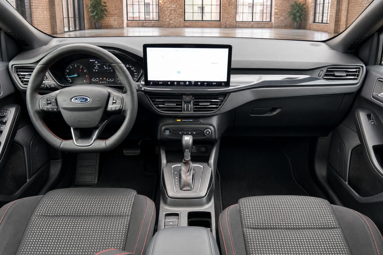 Ford Cockpit mit Lenkrad, Touchscreen und Automatikschaltung