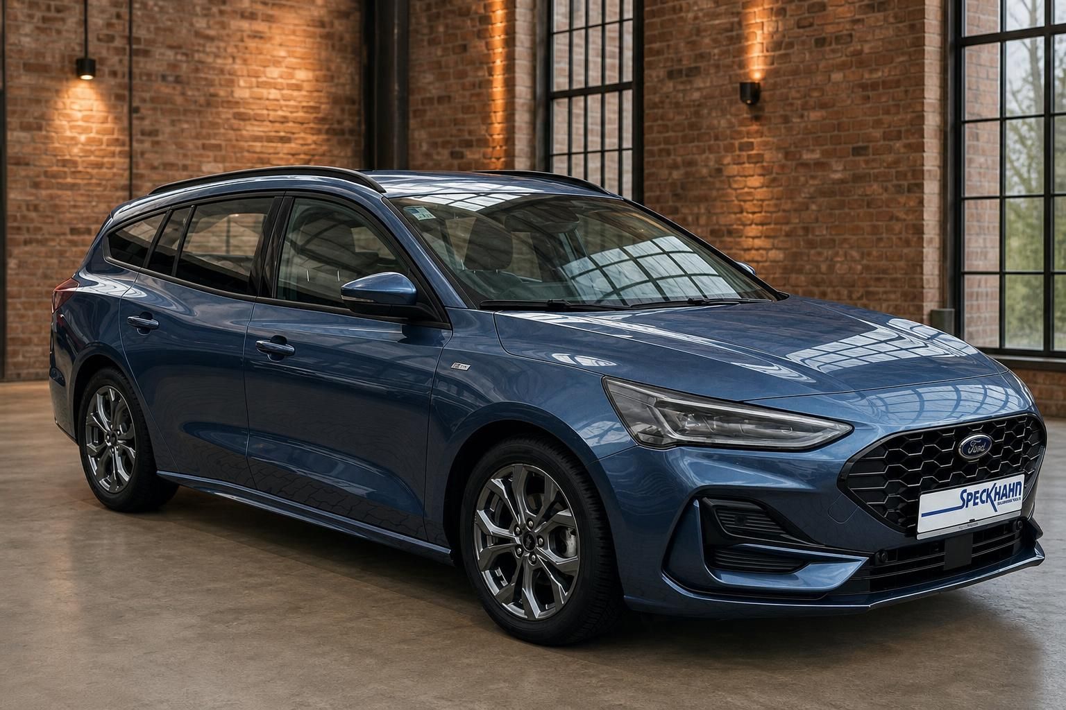 Ford Focus Turnier blau, Frontansicht seitlich mit Panoramadach