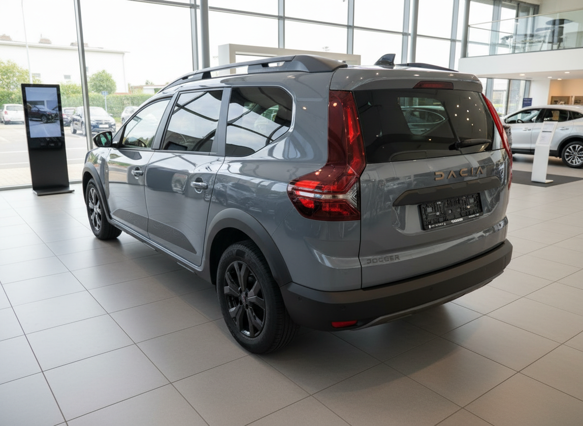 Dacia Jogger in Grau – Heckansicht im Autohaus-Showroom
