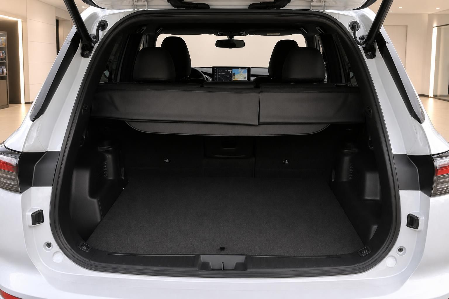 Kofferraum eines weißen SUV mit geöffneter Heckklappe