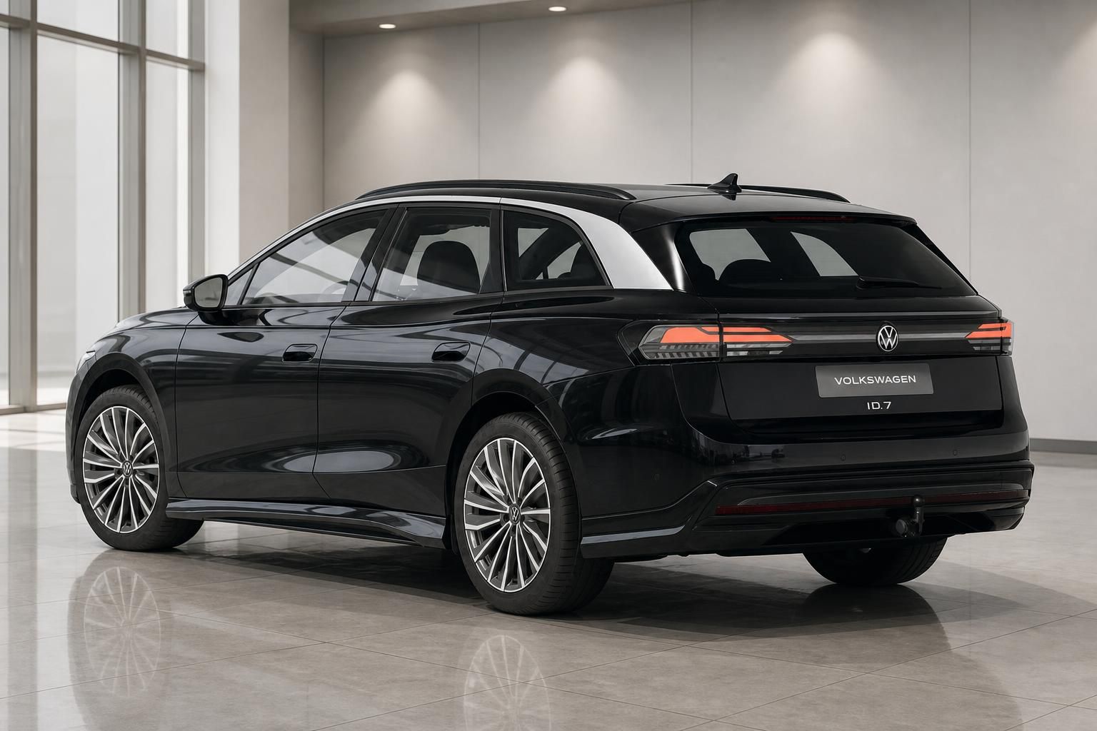 VW ID.7 Tourer schwarz Heckansicht in moderner Ausstellungshalle