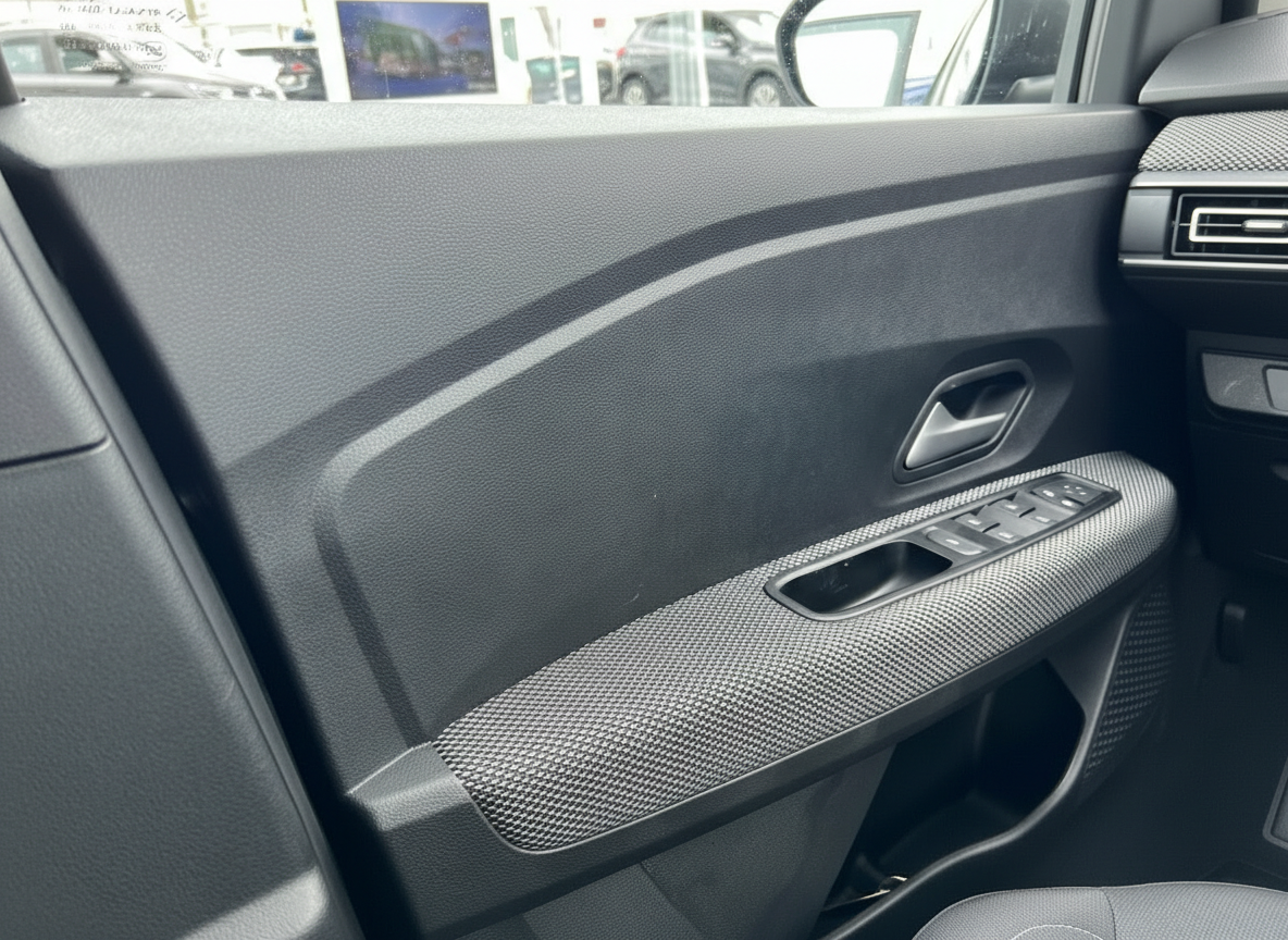 Fahrzeuginnenraum Fahrertür mit Fensterheber-Bedienfeld und Türgriff in schwarz-grauem Design