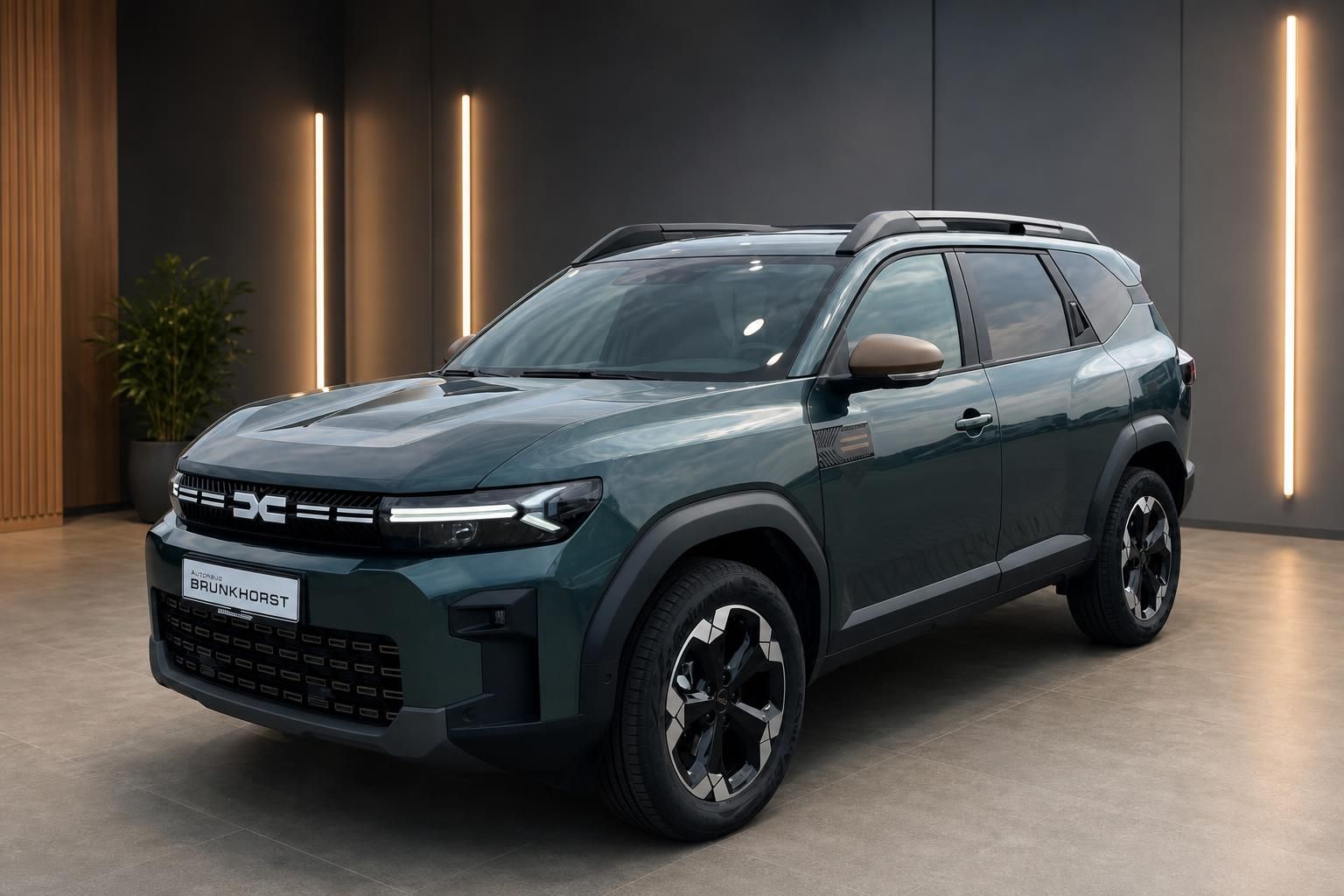 Dacia Bigster SUV in grün metallic - Dreiviertel-Ansicht von vorne im modernen Autohaus-Showroom