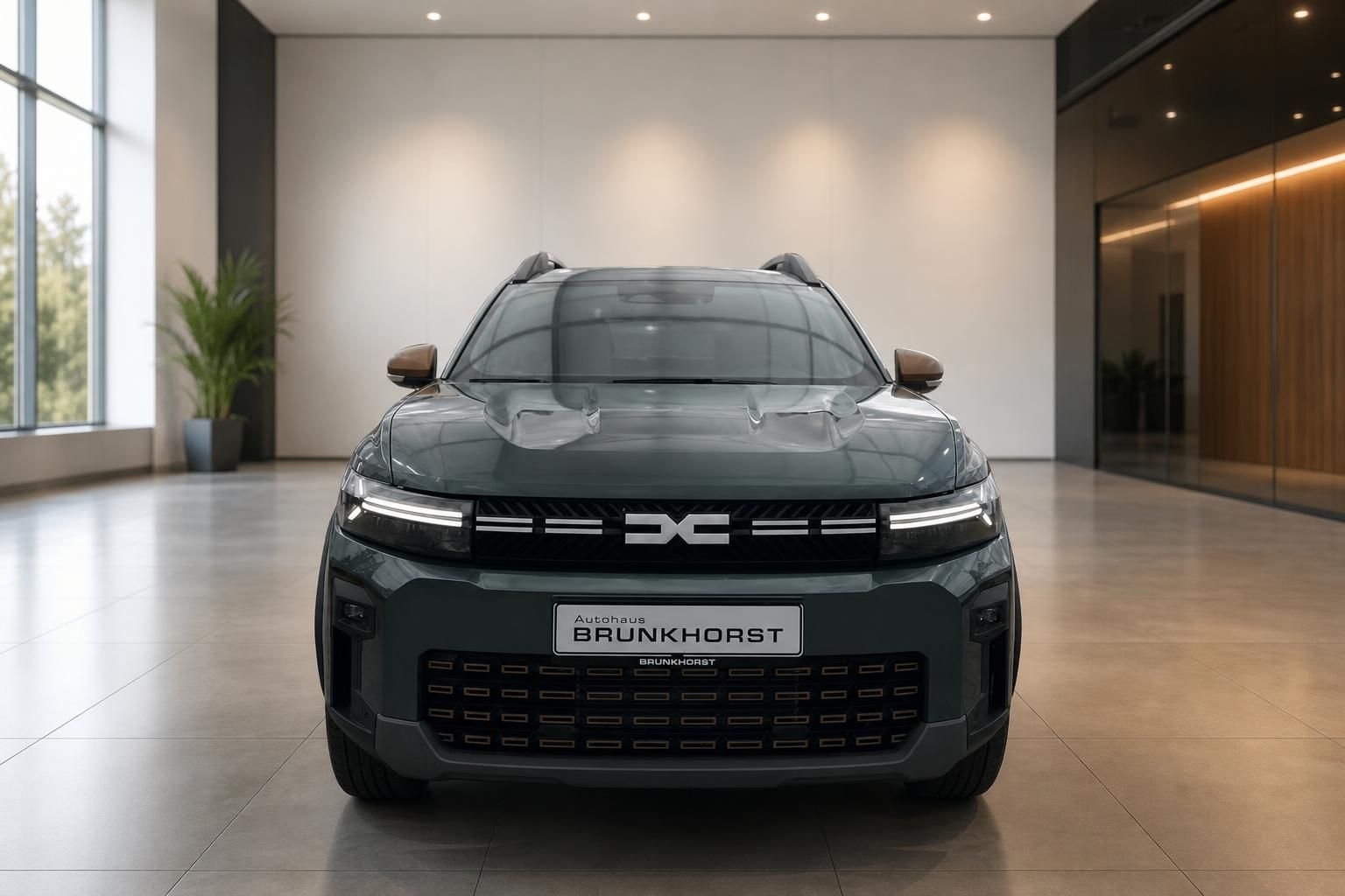Dacia Bigster SUV Frontansicht in grün metallic mit charakteristischem Kühlergrill im Showroom