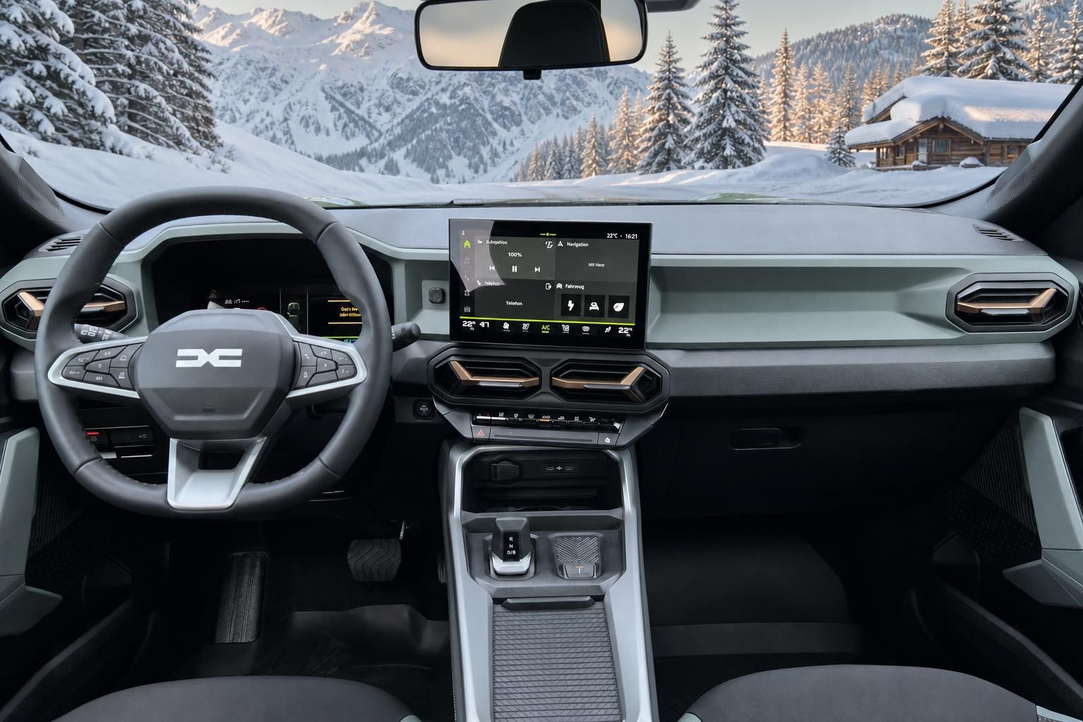 Fahrzeuginnenraum mit Armaturenbrett, Touchscreen und Winterlandschaft durch Windschutzscheibe