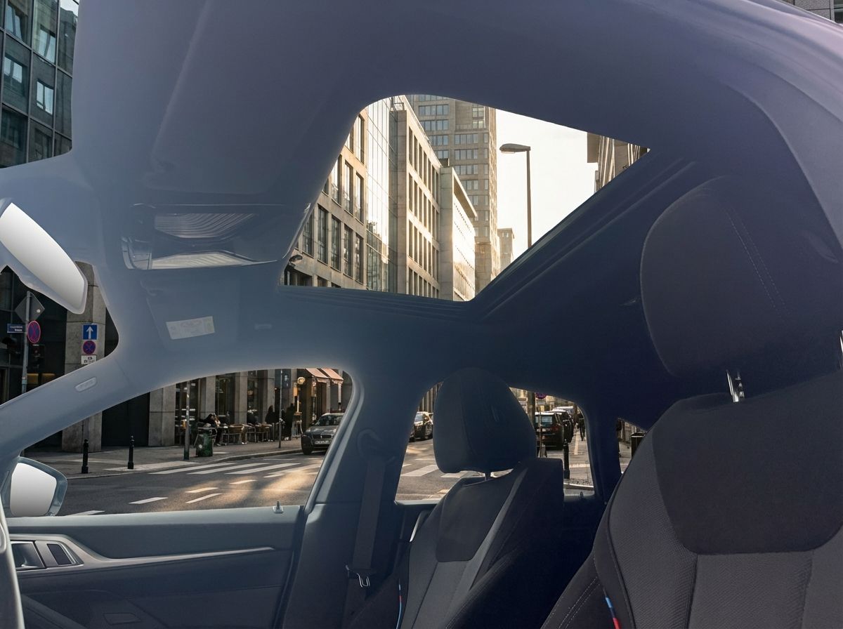 Innenansicht eines BMW mit geöffnetem Panorama-Glasdach, schwarzer Stoffausstattung und M-Paket Sportsitzen im Autohaus-Showroom